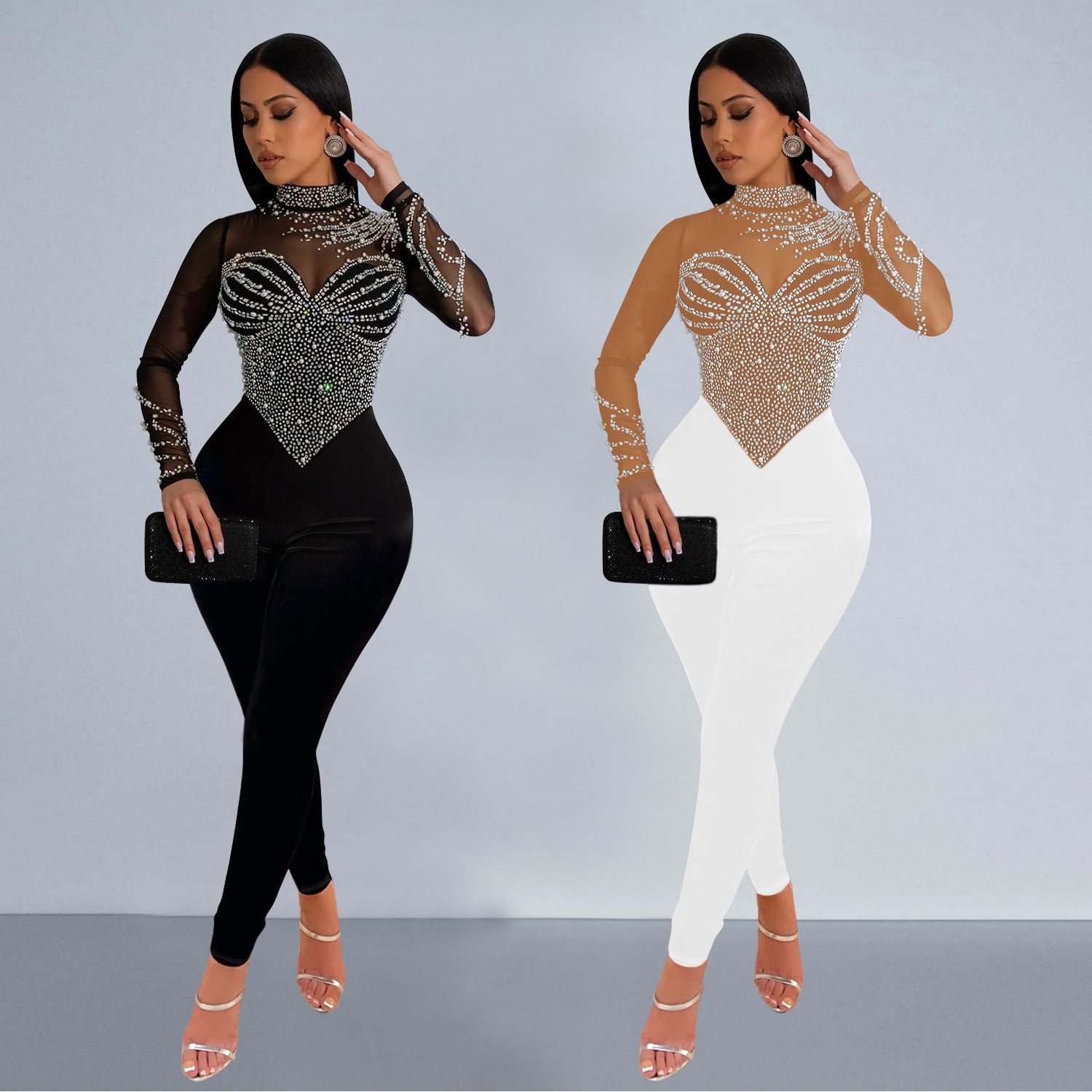 Europe and the United States Fashion Women's Solid Color Mesh Rhinestone Long-sleeved Pants Jumpsuit