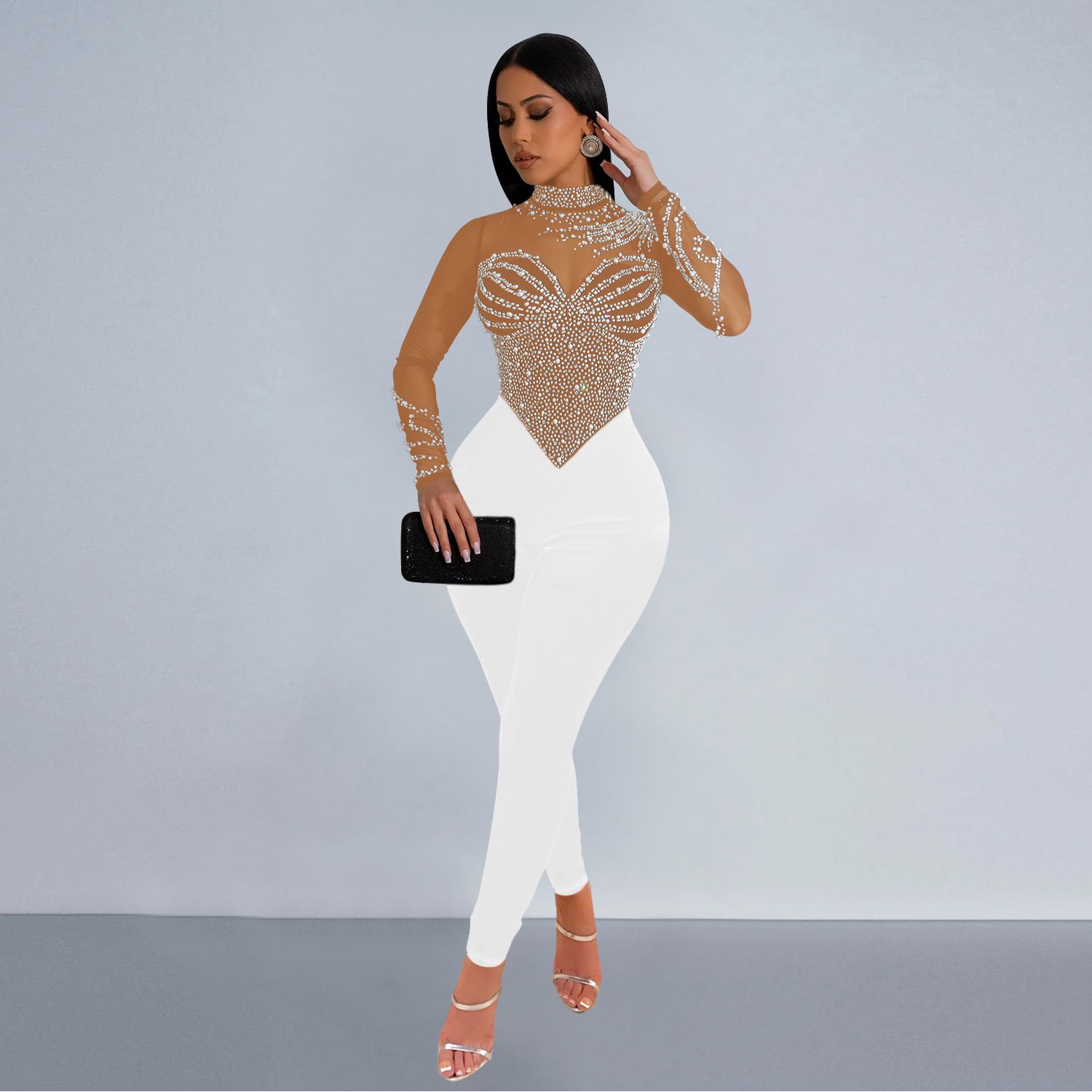 Europe and the United States Fashion Women's Solid Color Mesh Rhinestone Long-sleeved Pants Jumpsuit