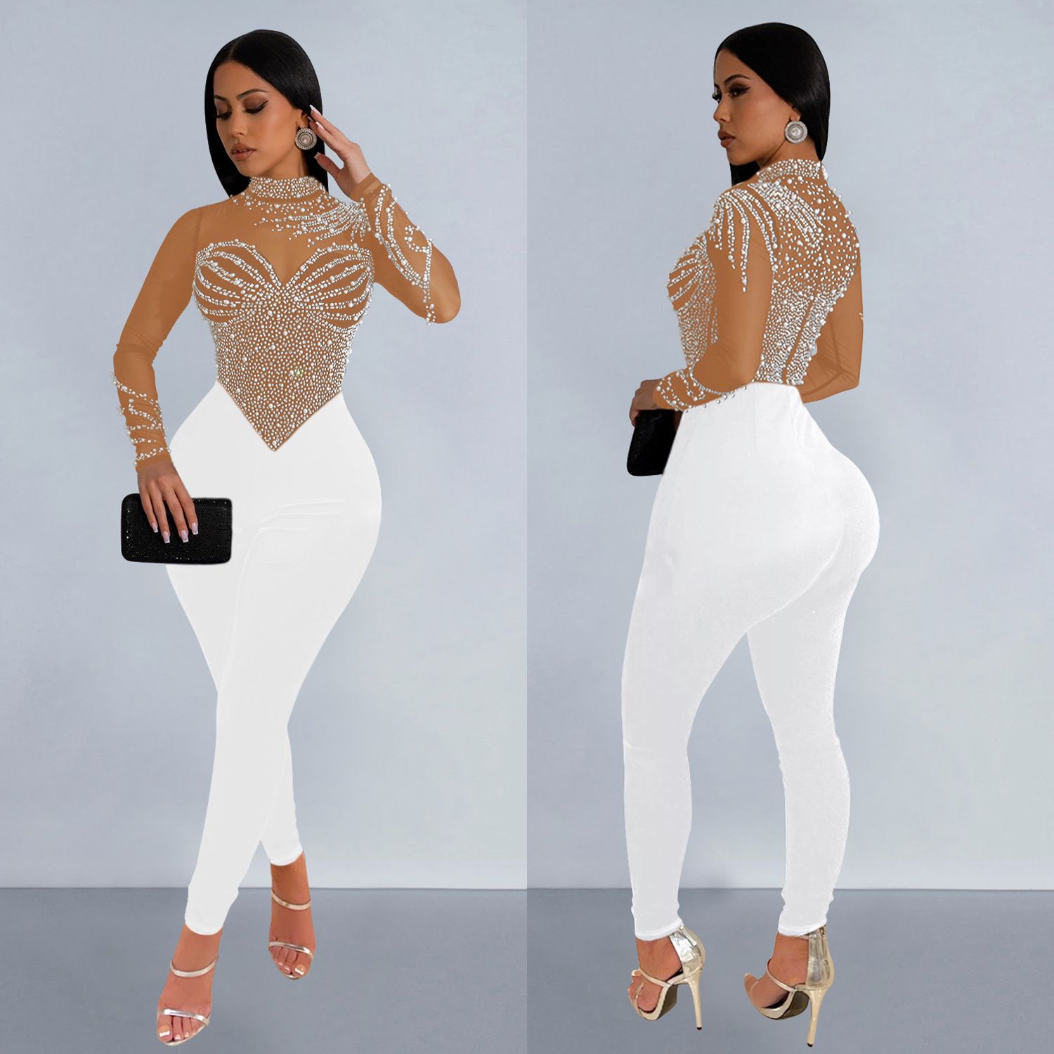 Europe and the United States Fashion Women's Solid Color Mesh Rhinestone Long-sleeved Pants Jumpsuit
