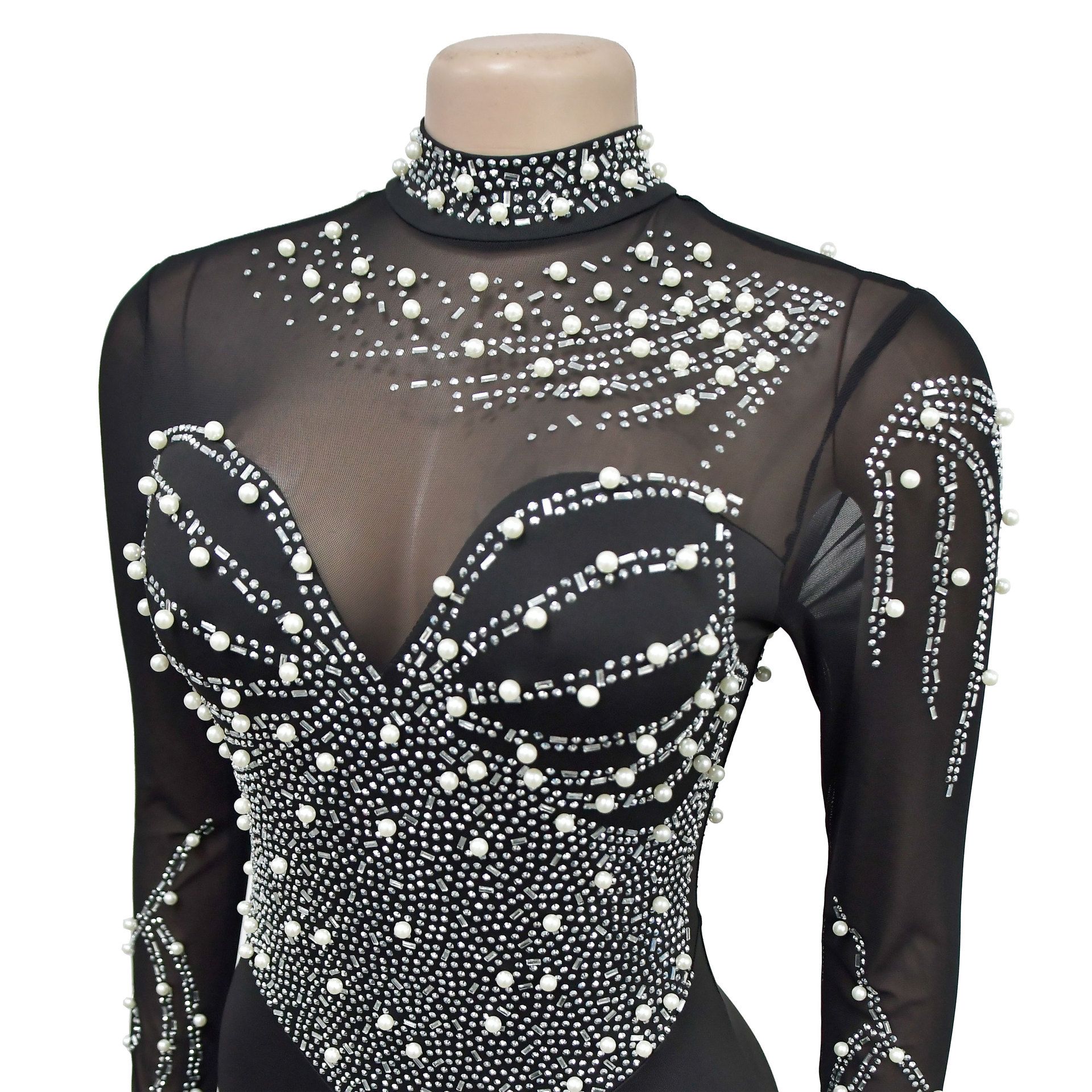 Europe and the United States Fashion Women's Solid Color Mesh Rhinestone Long-sleeved Pants Jumpsuit
