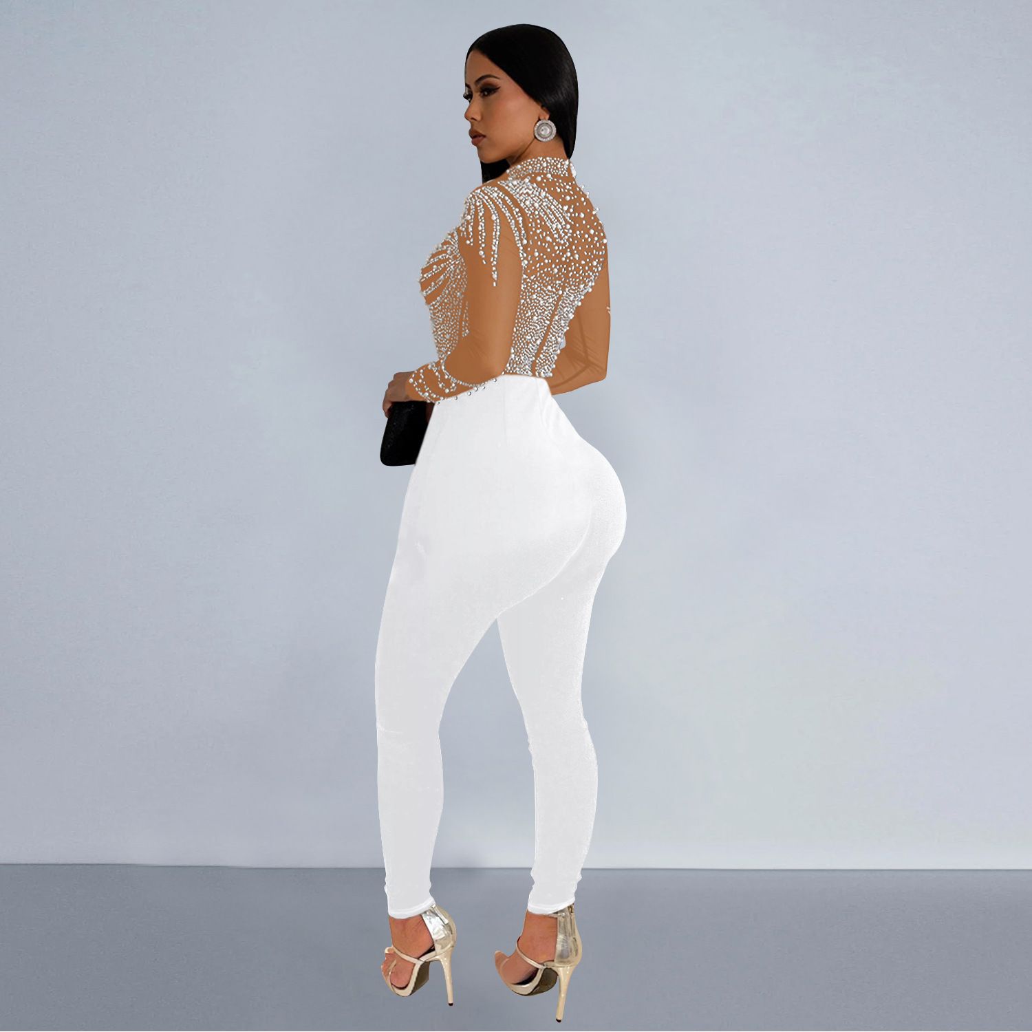 Europe and the United States Fashion Women's Solid Color Mesh Rhinestone Long-sleeved Pants Jumpsuit