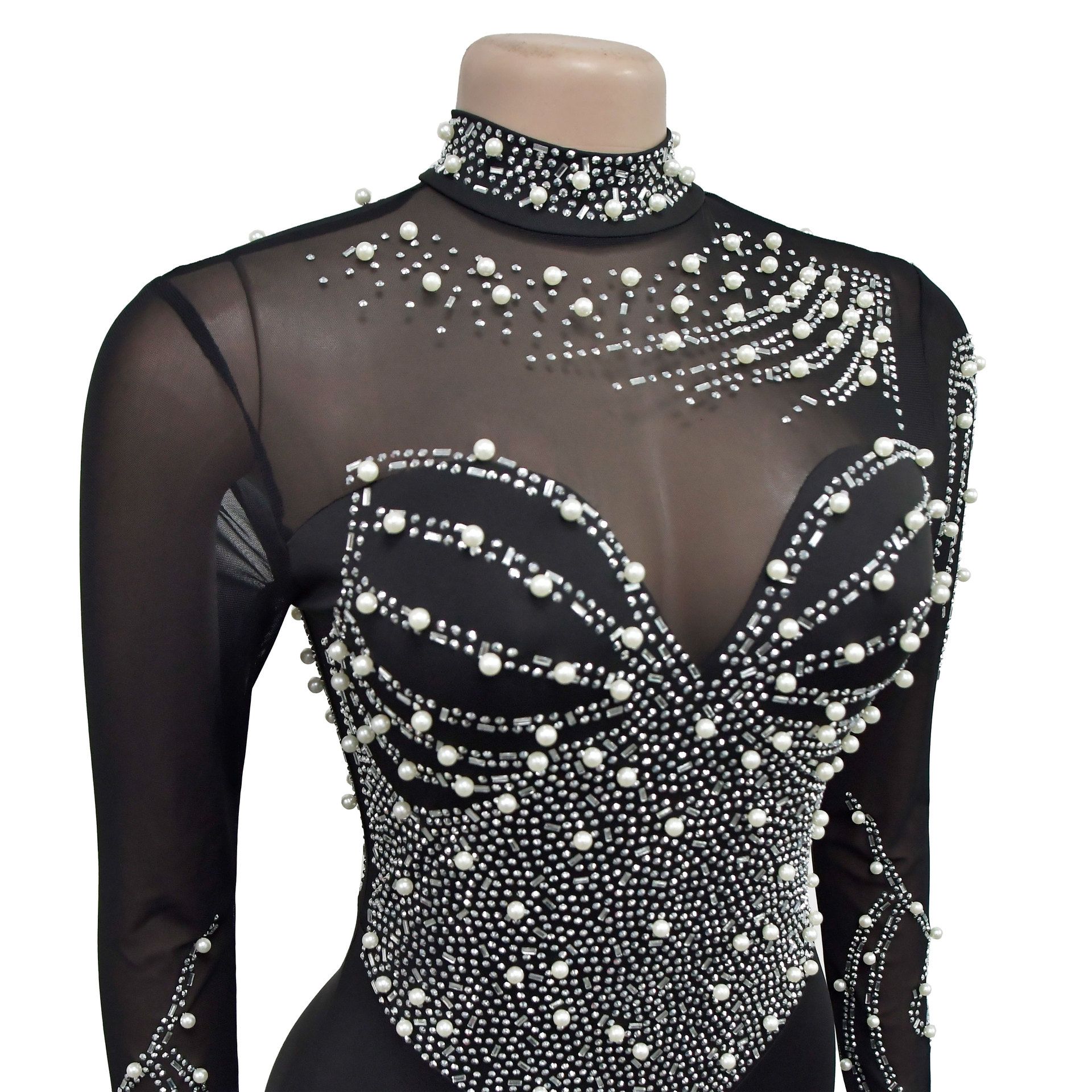 Europe and the United States Fashion Women's Solid Color Mesh Rhinestone Long-sleeved Pants Jumpsuit