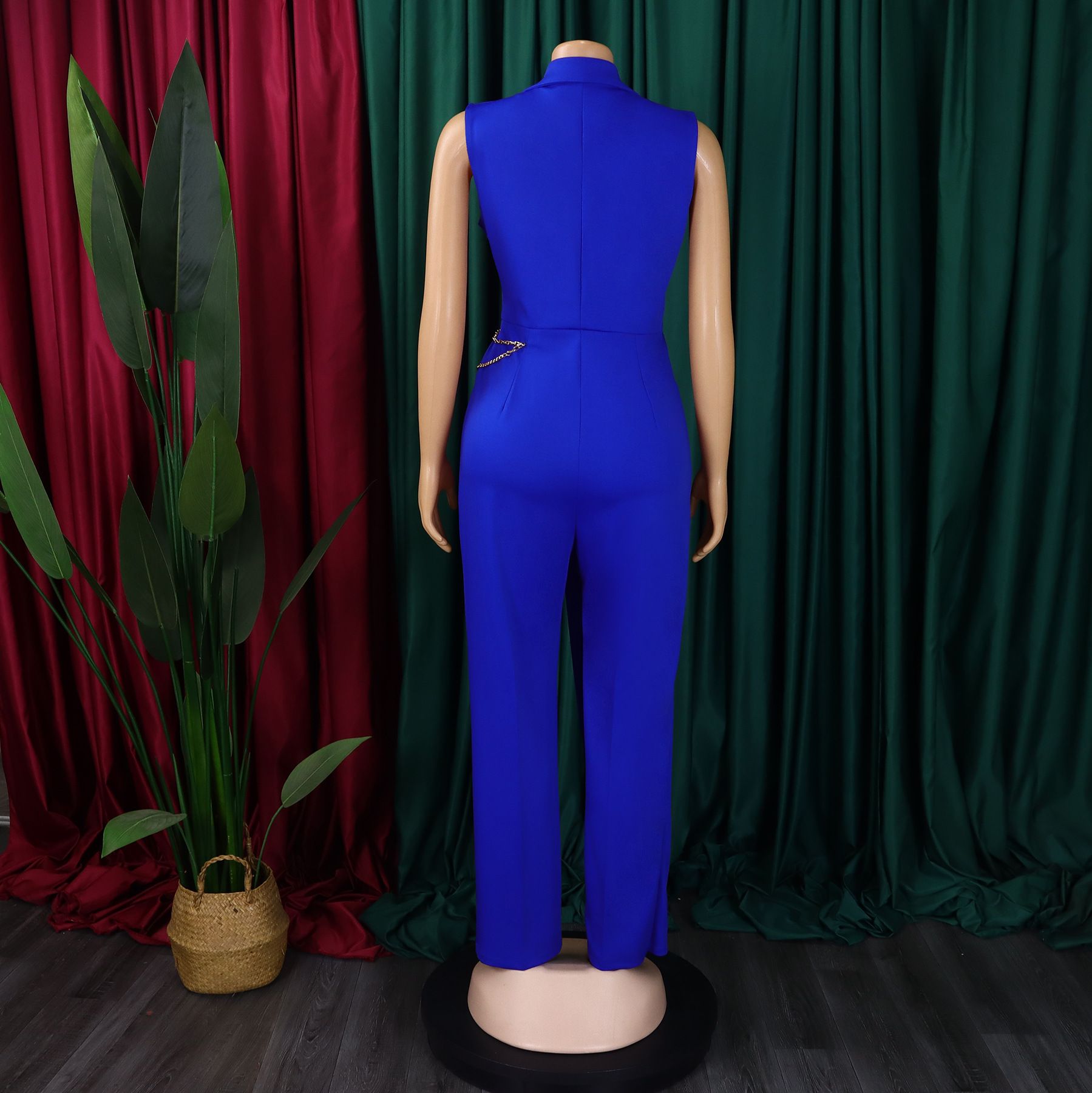 Foreign Trade Women's New Temperament Elegant Suit Collar Waist Chain Loose Wide Leg Jumpsuit