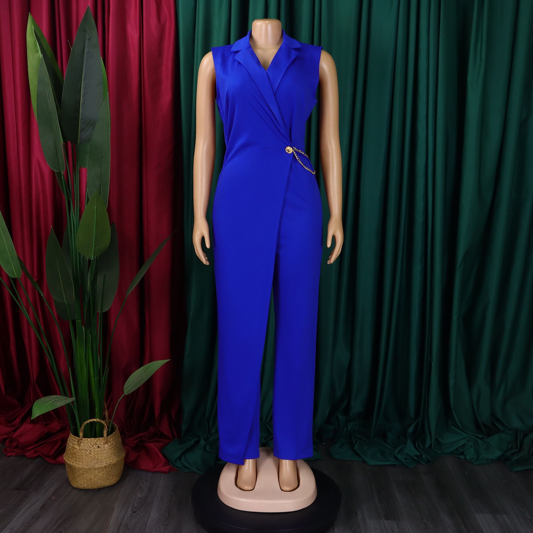 Foreign Trade Women's New Temperament Elegant Suit Collar Waist Chain Loose Wide Leg Jumpsuit
