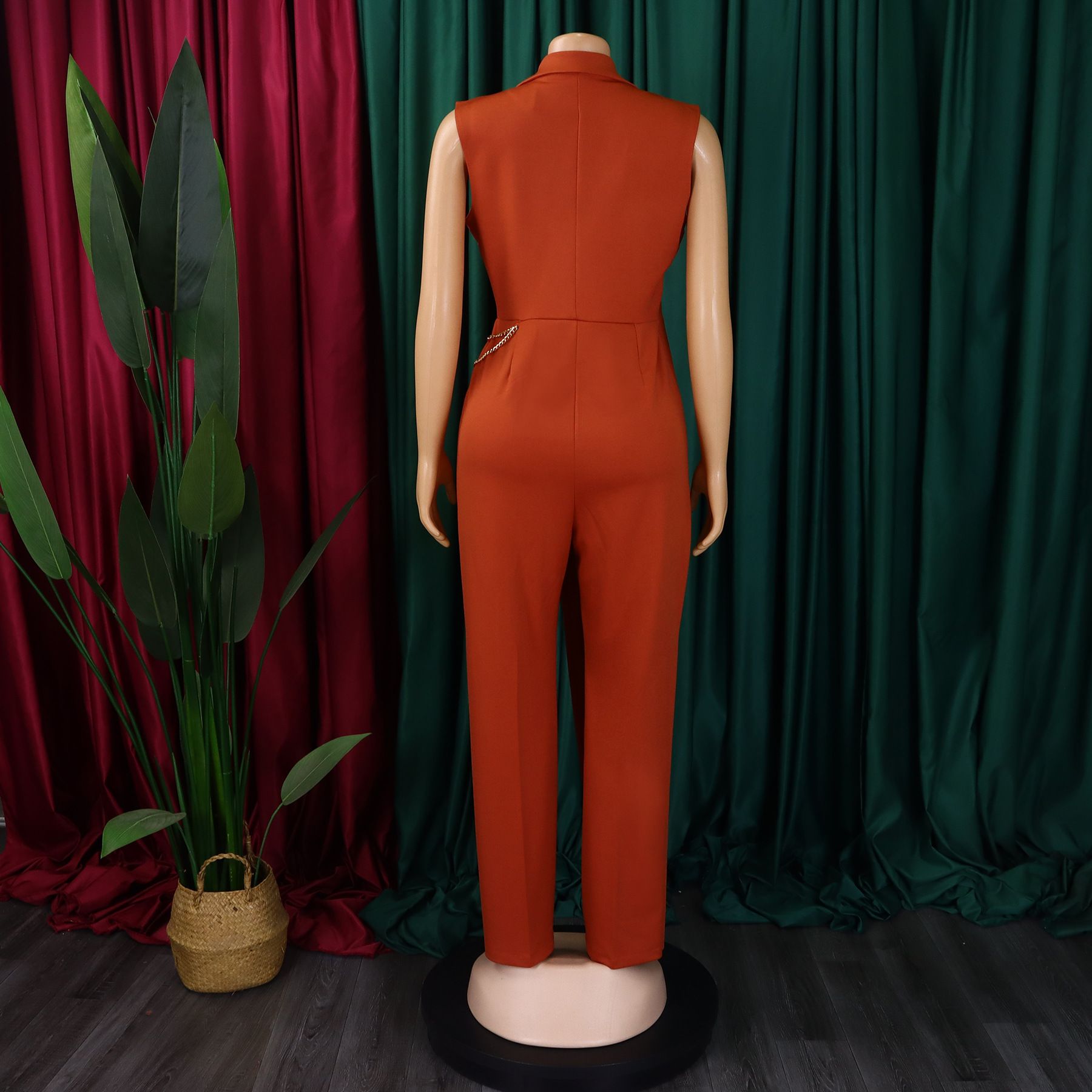 Foreign Trade Women's New Temperament Elegant Suit Collar Waist Chain Loose Wide Leg Jumpsuit