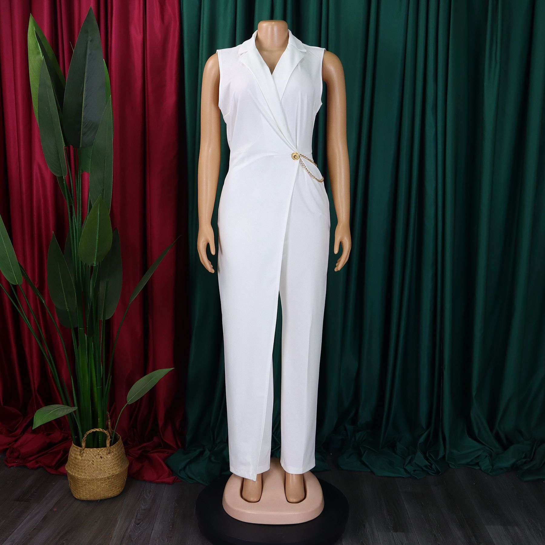 Foreign Trade Women's New Temperament Elegant Suit Collar Waist Chain Loose Wide Leg Jumpsuit