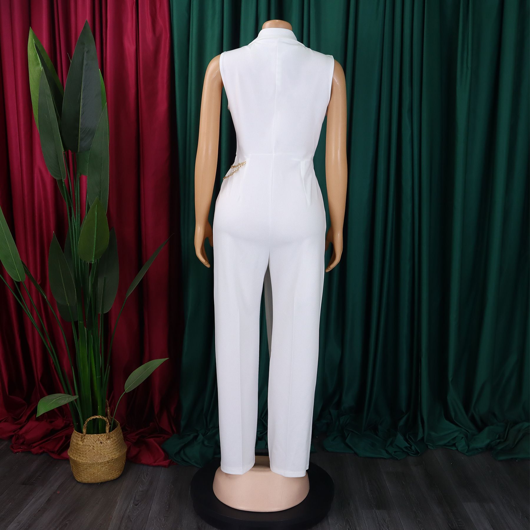 Foreign Trade Women's New Temperament Elegant Suit Collar Waist Chain Loose Wide Leg Jumpsuit