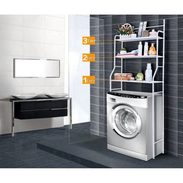 Stanny bathroom space saver over the toilet storage rack shelf above washing machine standing organizer 3-tier height adjustable washing machine storage rack bathroom large storage Black 3 tier