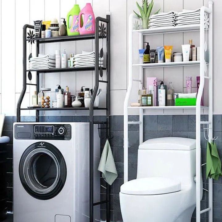 Stanny bathroom space saver over the toilet storage rack shelf above washing machine standing organizer 3-tier height adjustable washing machine storage rack bathroom large storage Black 3 tier