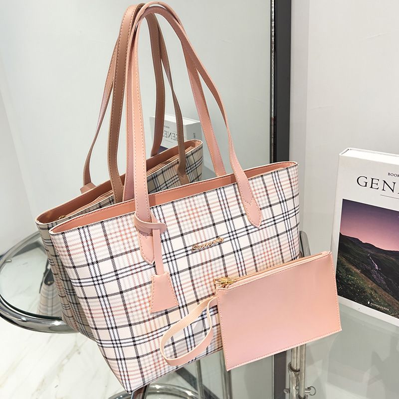 Checkered printed tote bag, large capacity shoulder bag, women's shopping bag