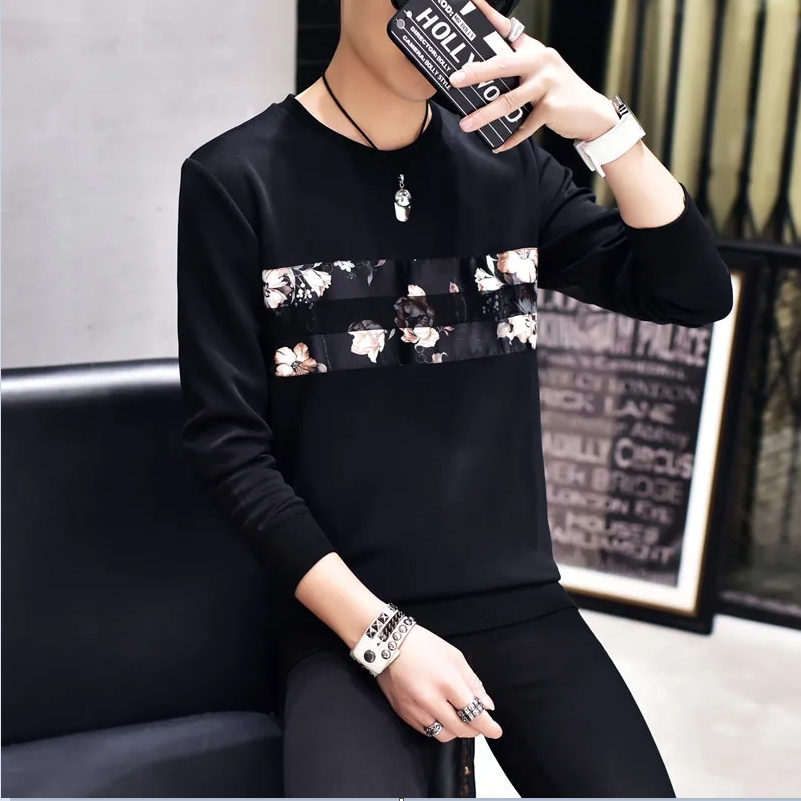 New Fashion Casual Slim Fit Male Pullover Men Hoodies Print Flower Floral O-neck Long Sleeve White Mens Sweatshirt Hoodie