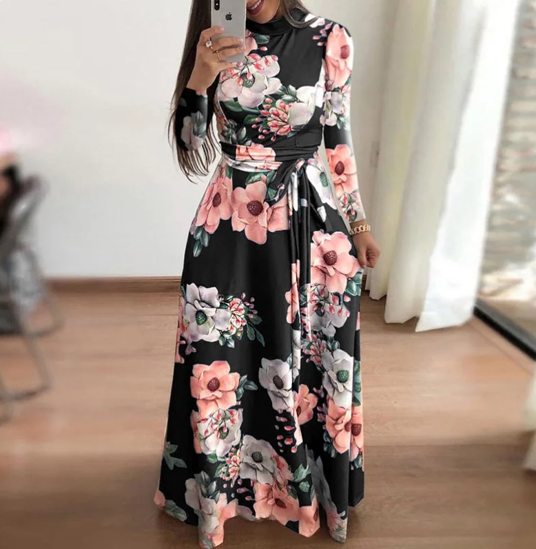 Women Summer Long Dress Casual Long Sleeve Boho Floral Print Maxi Dress Turtleneck Bandage Elegant Party Dresses Vestidos