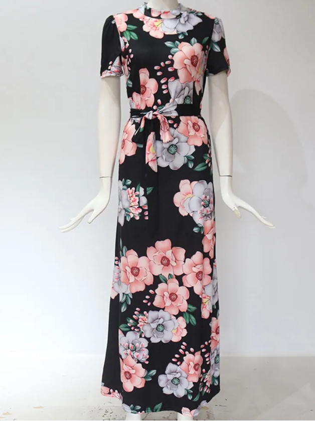 Women Summer Long Dress Casual Long Sleeve Boho Floral Print Maxi Dress Turtleneck Bandage Elegant Party Dresses Vestidos