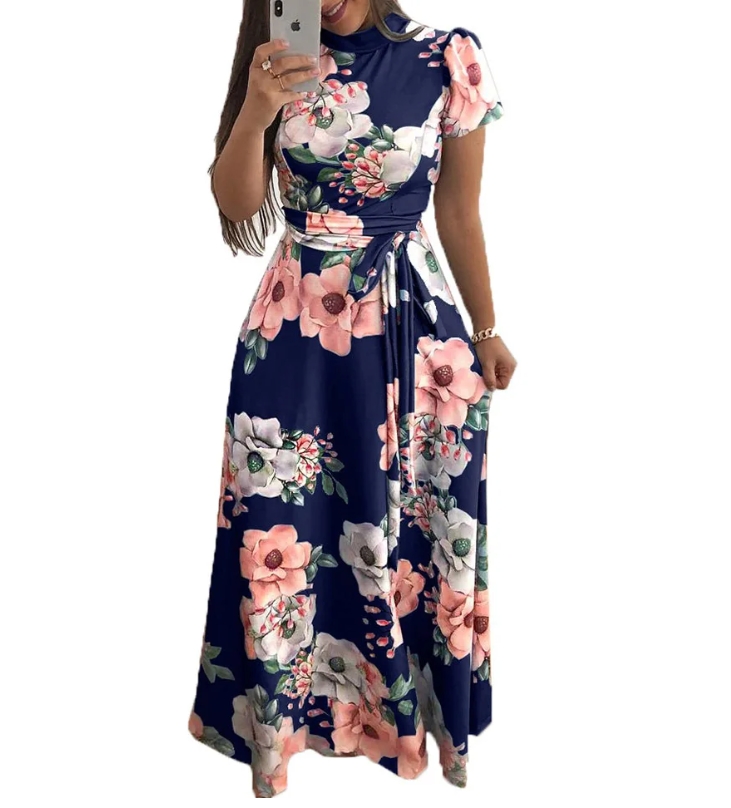 Women Summer Long Dress Casual Long Sleeve Boho Floral Print Maxi Dress Turtleneck Bandage Elegant Party Dresses Vestidos