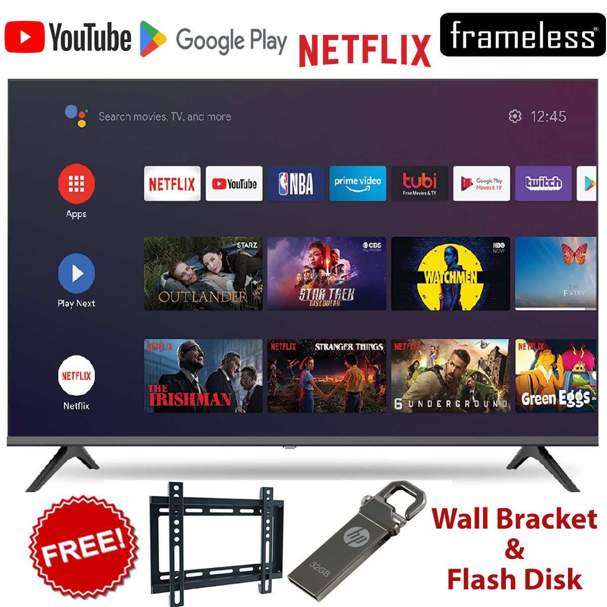 [OFFER OFFER!] Vitron 43" Inch BLUETOOTH-ENABLED,FRAMELESS Smart Android 11.0 TV WIFI Netflix,Youtube,Playstore +32GB FLASH DISK+WALL BRACKET