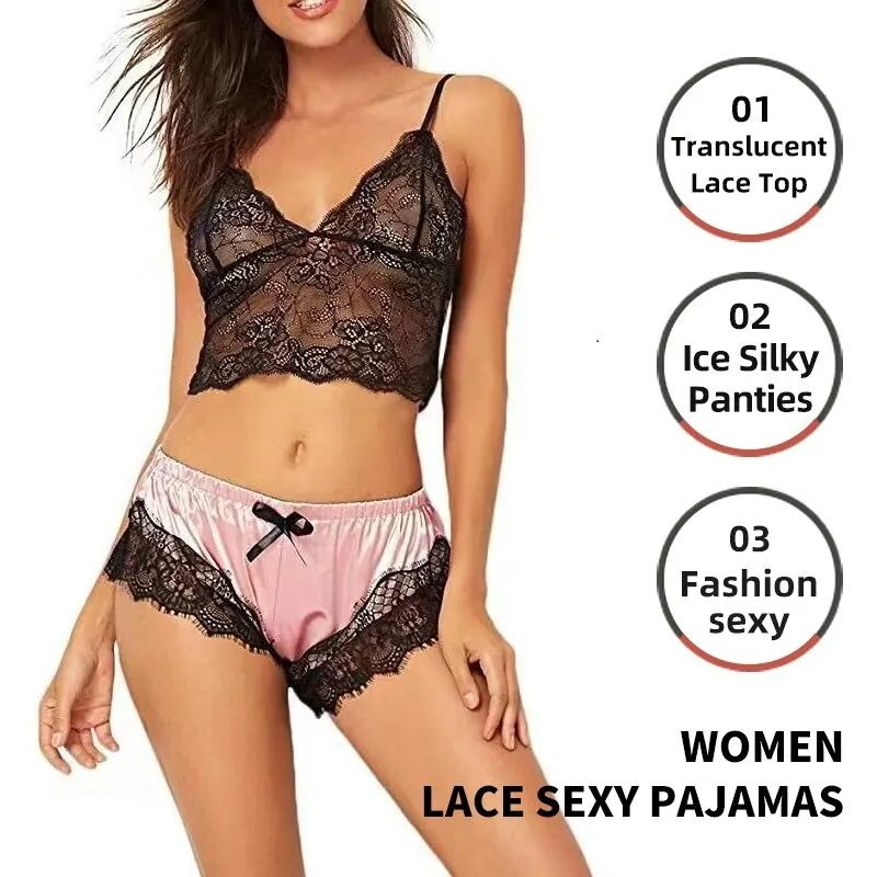 Women Lace Sexy Pajamas Nightclothes Black PINK L XL XXL V Neck Low Cut Lace Top And Ice Silky Shorts