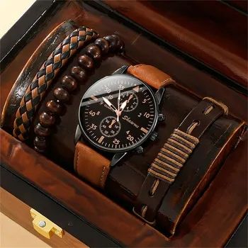 4Pcs Set Men Watch Luxury Bracelet Set Fashion Business Brown Leather Quartz Wrist Watches for Men Gift Set Relogio Masculino