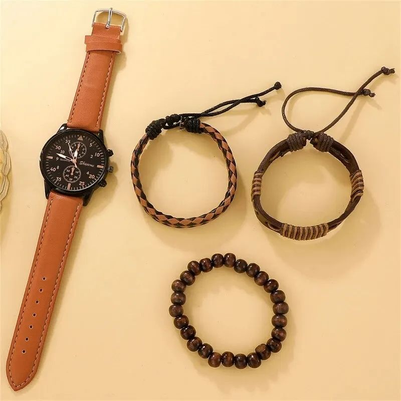 4Pcs Set Men Watch Luxury Bracelet Set Fashion Business Brown Leather Quartz Wrist Watches for Men Gift Set Relogio Masculino