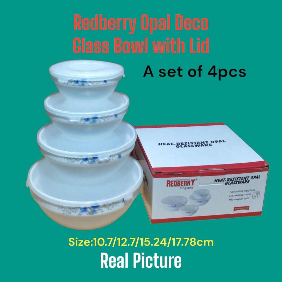 Set of 4pcs Redberry Opal Deco kitchen glass bowl with lids with the size of 10.7/12.7/15.24/17.78cm....Heat resistant,Absolutely hygienic,dishwasher and microwave safe