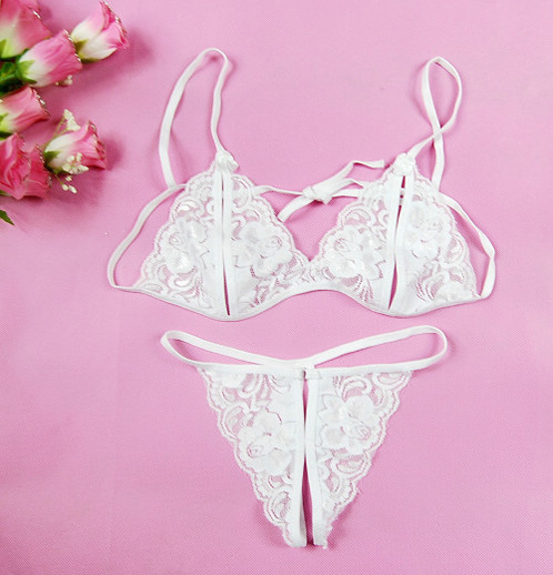 Sexy Lace Transparent Opening Seductive Women Sexy Lingerie Open Crotch Set Bra and Panty
