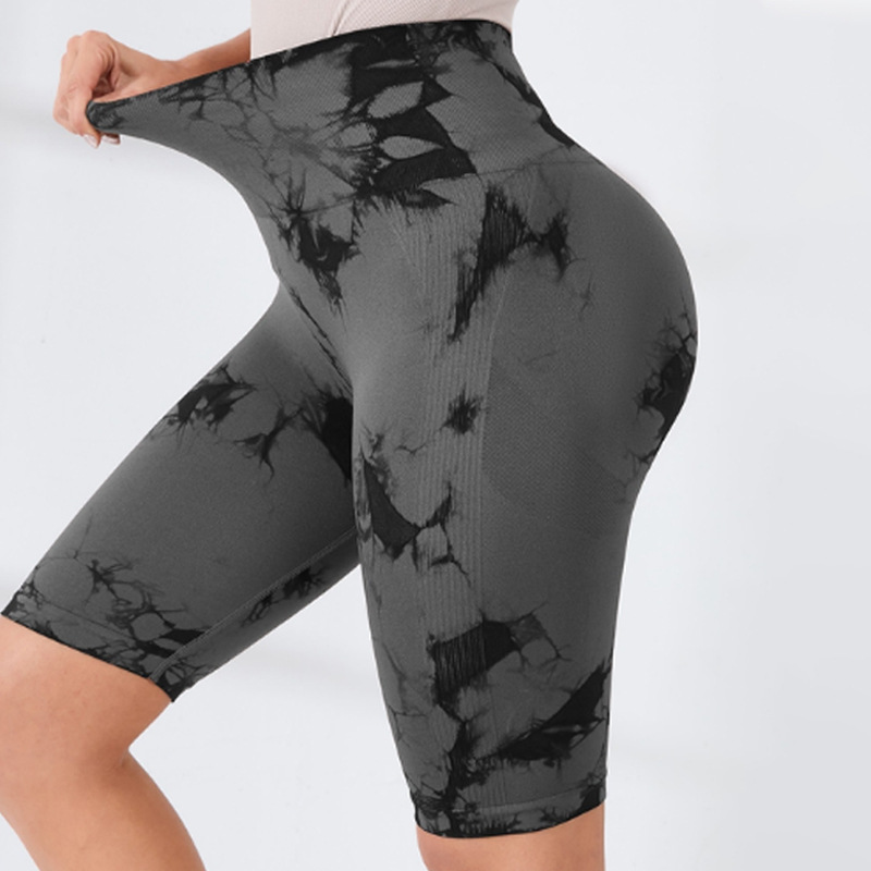 2PCS Women's Tie Dyed Elastic Sports Shorts Yoga Pants High Waist, Abdominal and Hip Lifting Fitness Shorts Seamless Knitted Tie Dyed Outdoor Sports Shorts