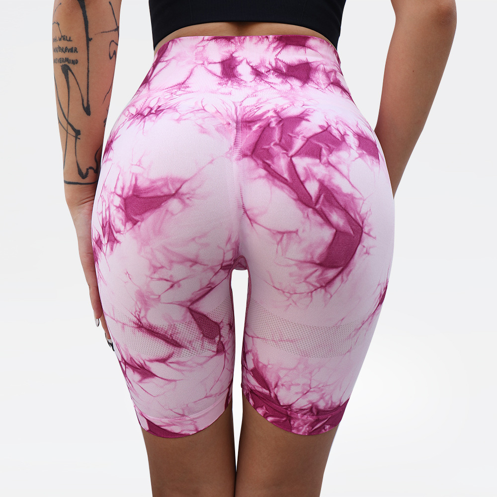 2PCS Women's Tie Dyed Elastic Sports Shorts Yoga Pants High Waist, Abdominal and Hip Lifting Fitness Shorts Seamless Knitted Tie Dyed Outdoor Sports Shorts