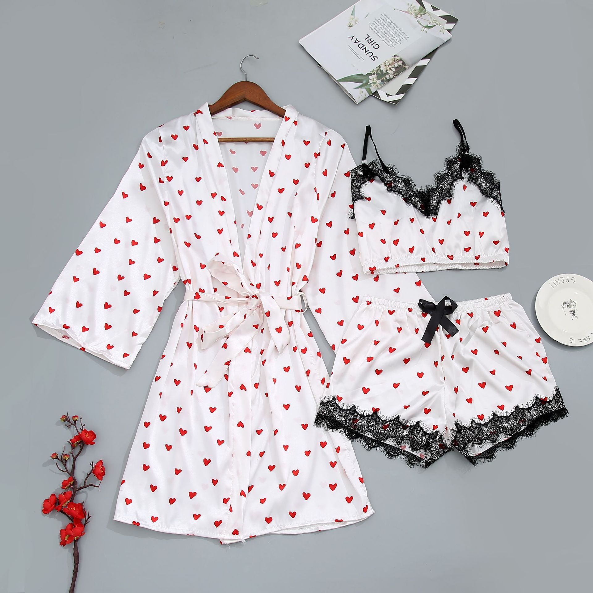 New Arrival Ladies Fashional Large Size Sleepwear Sexy Set Nightwear Small Red Heart Printing  Satin Ice Silk Robe Nightgown Three Pieces Pajamas Nightdress Nighty
