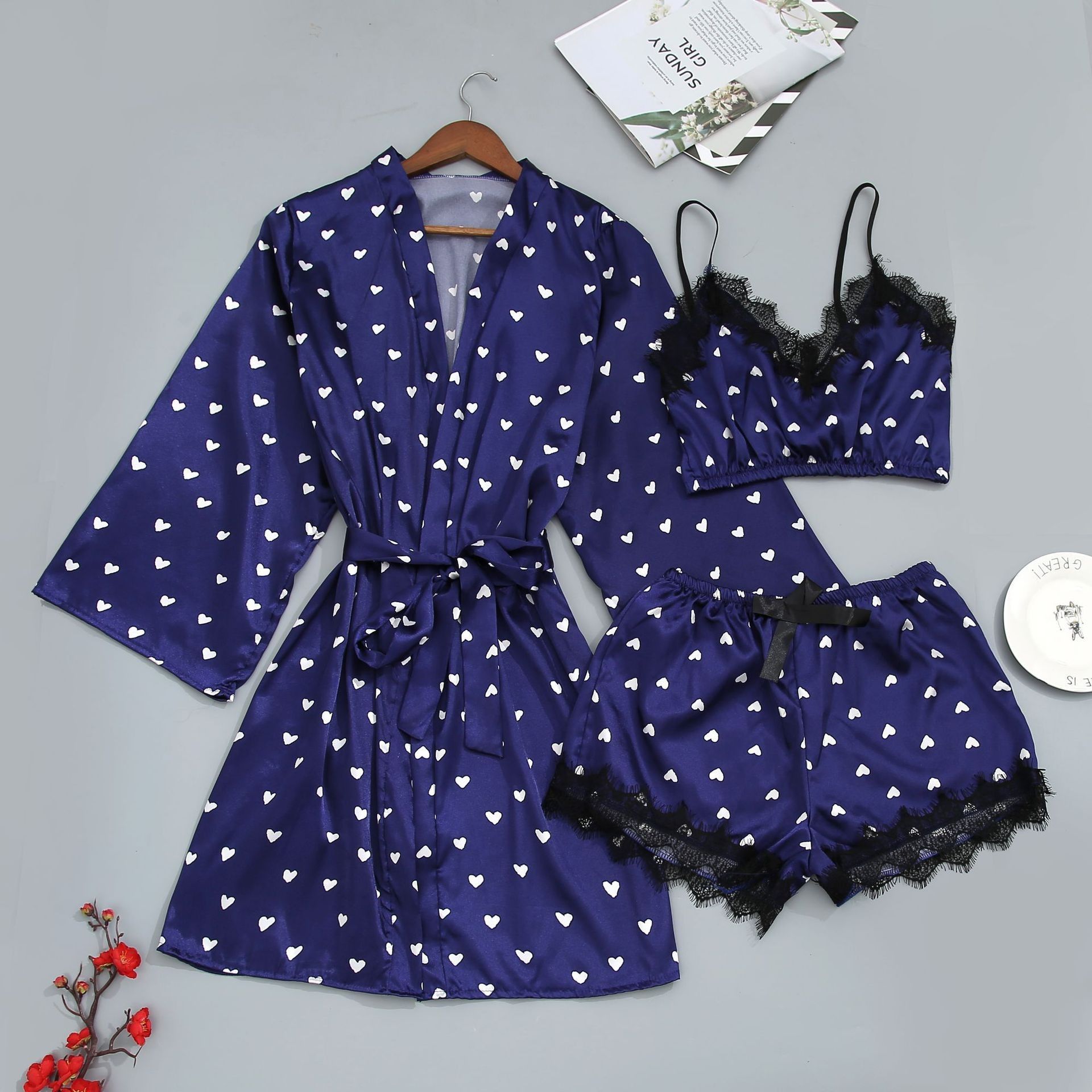 New Arrival Ladies Fashional Large Size Sleepwear Sexy Set Nightwear Small Red Heart Printing  Satin Ice Silk Robe Nightgown Three Pieces Pajamas Nightdress Nighty