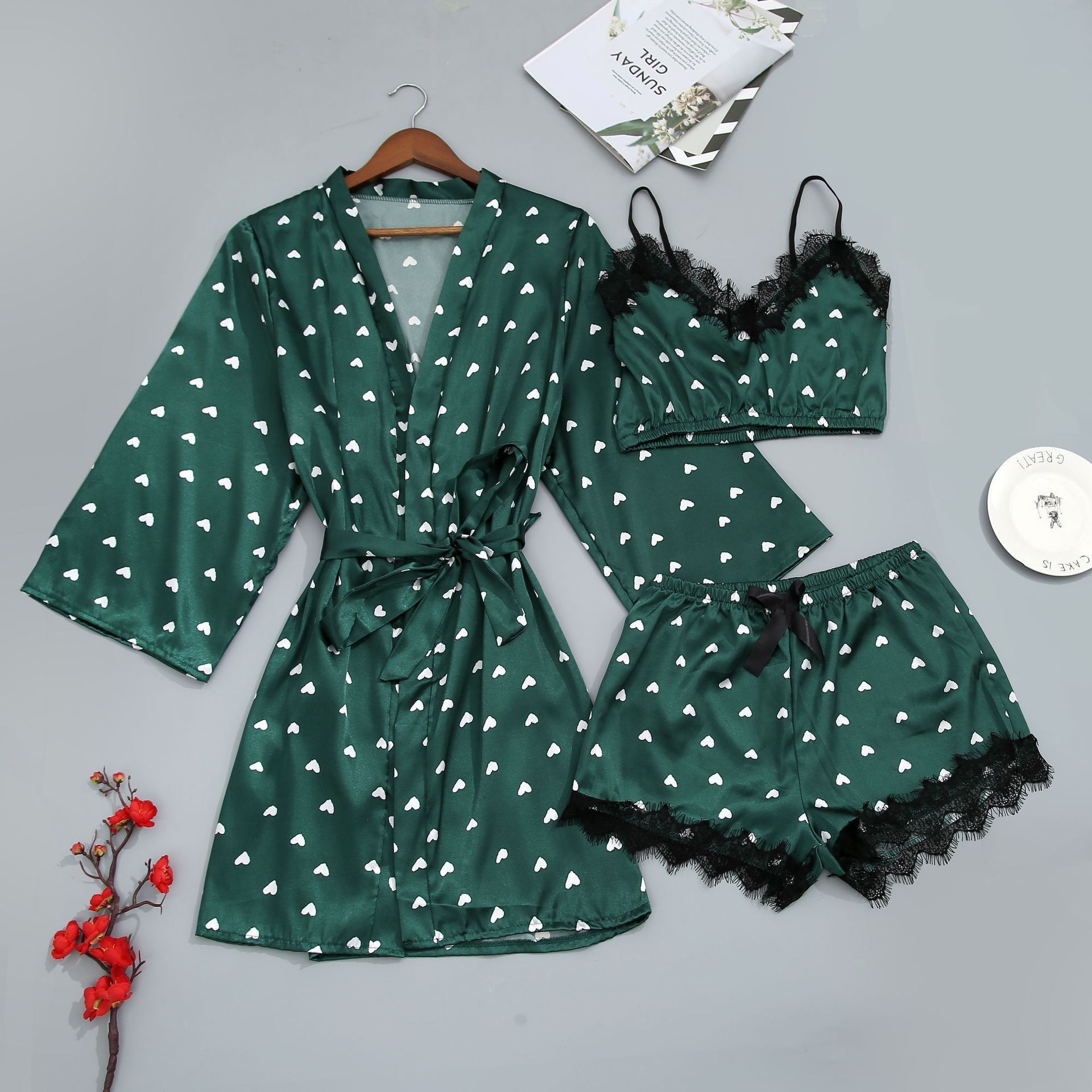 New Arrival Ladies Fashional Large Size Sleepwear Sexy Set Nightwear Small Red Heart Printing  Satin Ice Silk Robe Nightgown Three Pieces Pajamas Nightdress Nighty