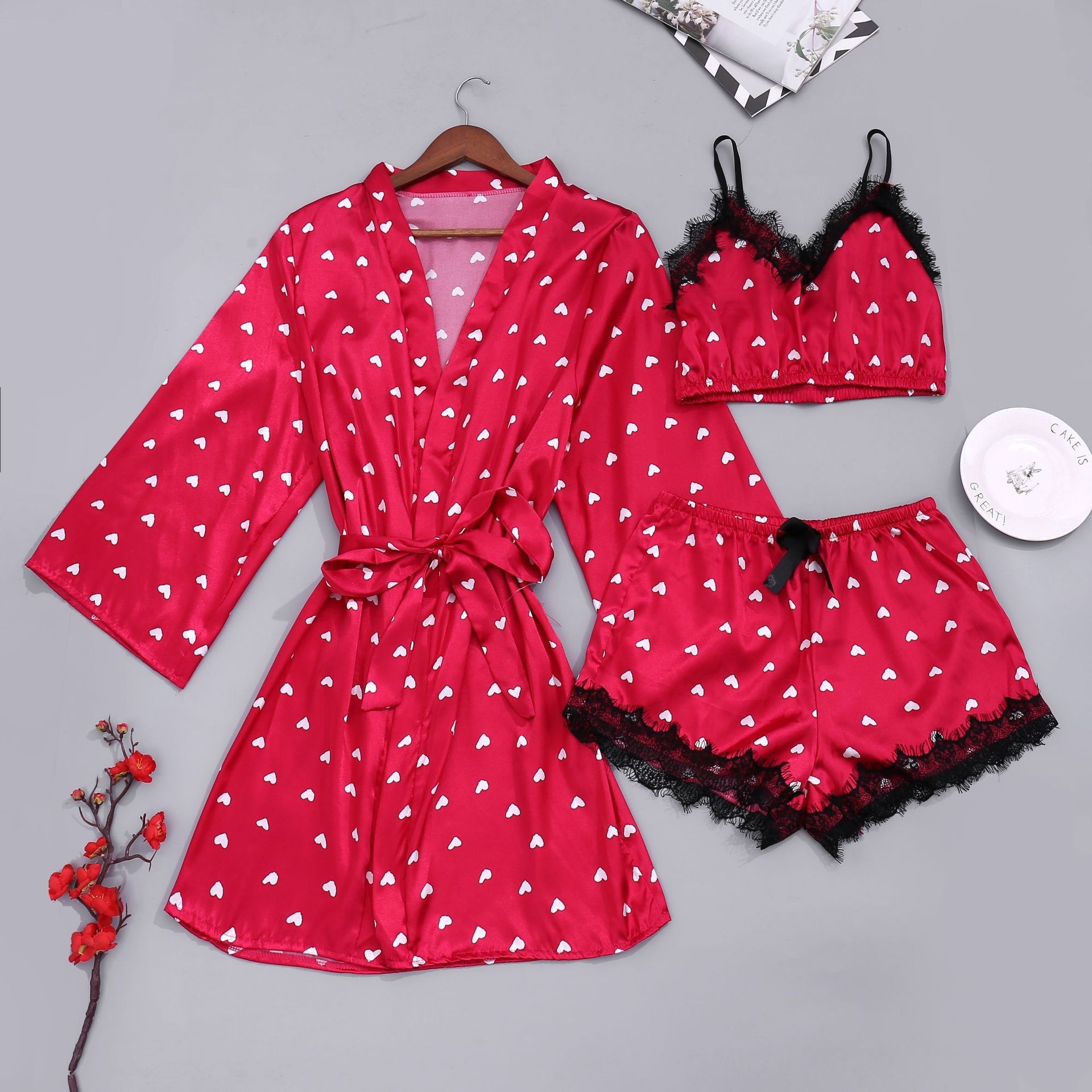 New Arrival Ladies Fashional Large Size Sleepwear Sexy Set Nightwear Small Red Heart Printing  Satin Ice Silk Robe Nightgown Three Pieces Pajamas Nightdress Nighty