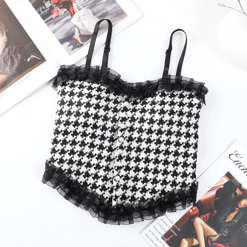 Lace Back Lingerie Women Fixed Cup and Suspender Wrapped Gathered Bra Checkered Vest Camisole Sexy Tank Top