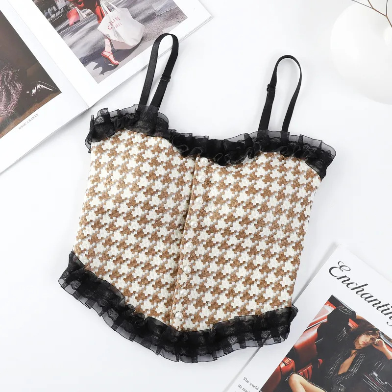 Lace Back Lingerie Women Fixed Cup and Suspender Wrapped Gathered Bra Checkered Vest Camisole Sexy Tank Top