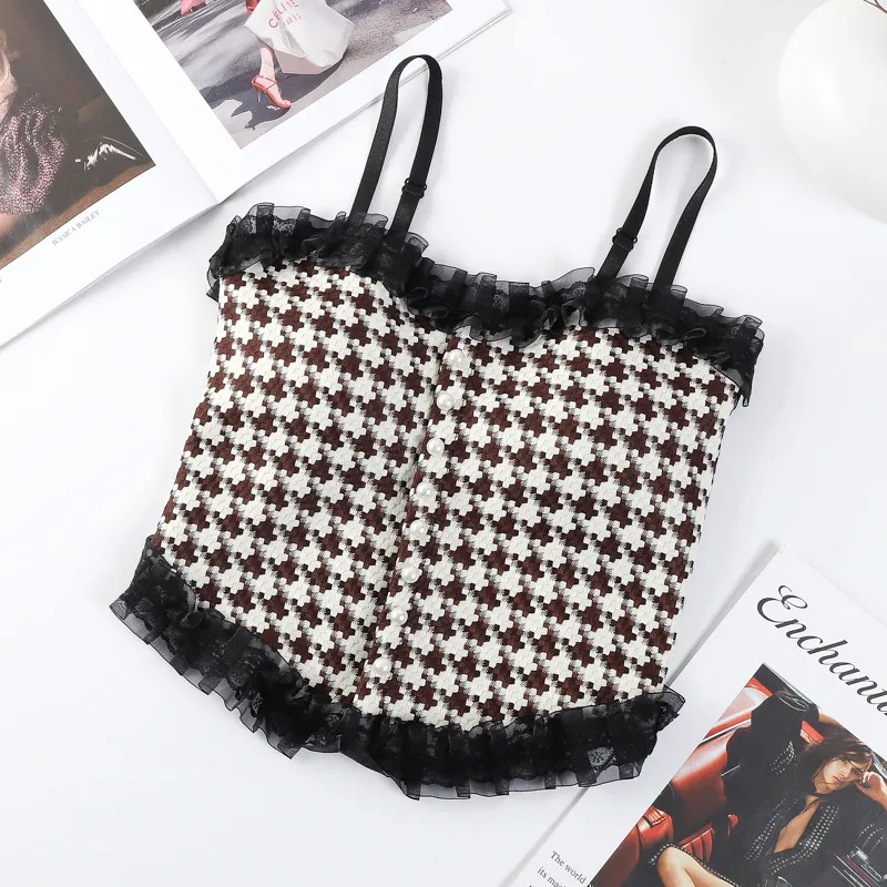Lace Back Lingerie Women Fixed Cup and Suspender Wrapped Gathered Bra Checkered Vest Camisole Sexy Tank Top