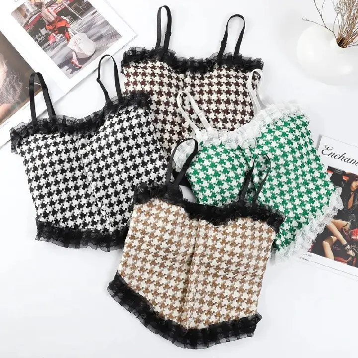 Lace Back Lingerie Women Fixed Cup and Suspender Wrapped Gathered Bra Checkered Vest Camisole Sexy Tank Top