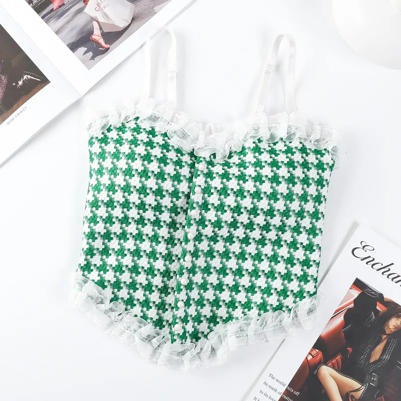 Lace Back Lingerie Women Fixed Cup and Suspender Wrapped Gathered Bra Checkered Vest Camisole Sexy Tank Top