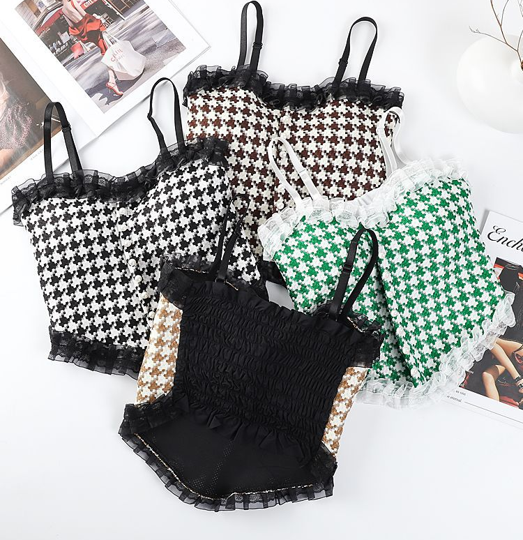 Lace Back Lingerie Women Fixed Cup and Suspender Wrapped Gathered Bra Checkered Vest Camisole Sexy Tank Top