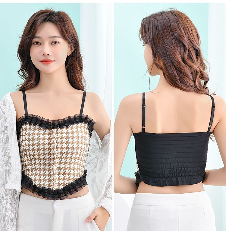 Lace Back Lingerie Women Fixed Cup and Suspender Wrapped Gathered Bra Checkered Vest Camisole Sexy Tank Top