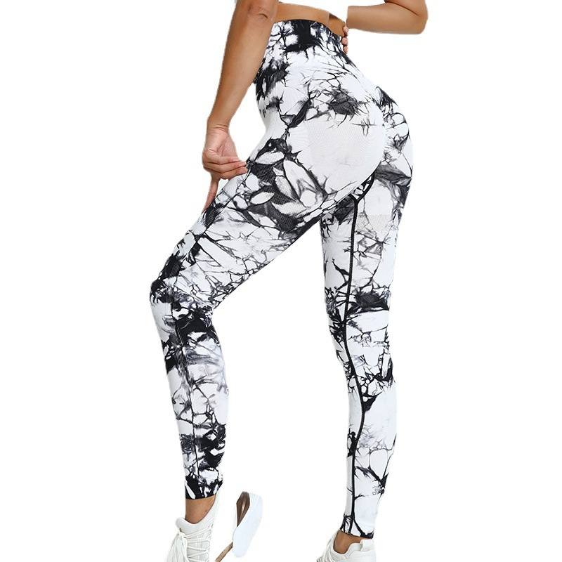 Ladies Active LeggingsTie Dye Quick Drying Body Shaper Trimmer Leggings Large Size Stretch Yoga Pants High Elasticity Seamless Knitted Hip Lifting Abdominal Pants Outdoor Sport Leggings