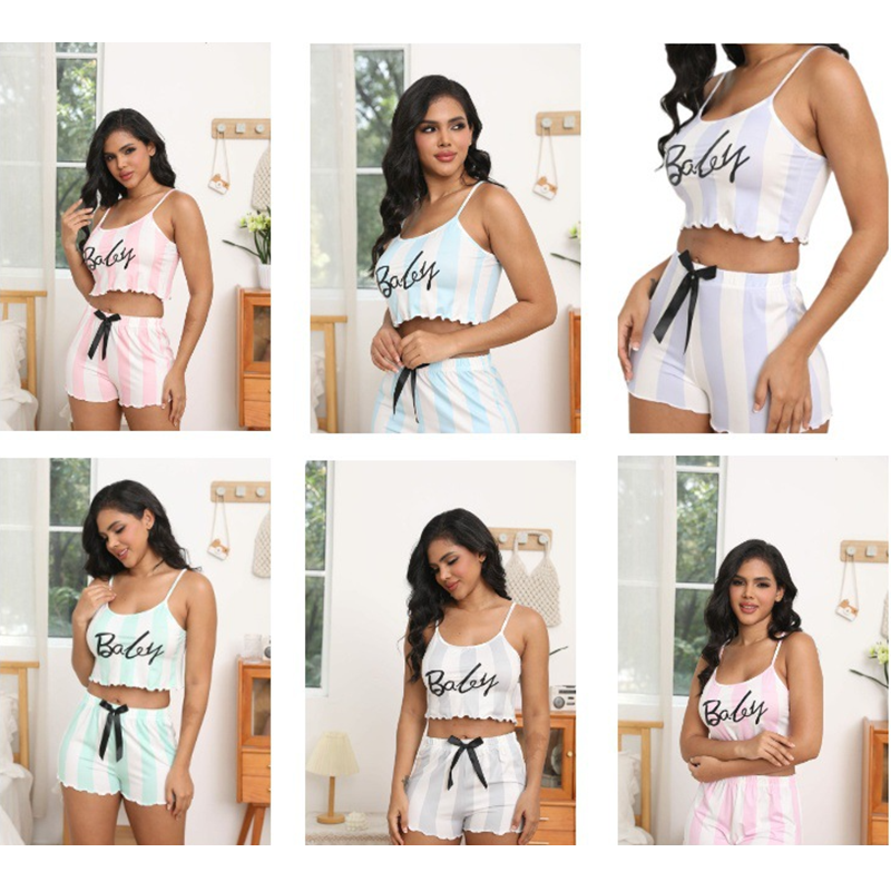 High Quality Lingerie Women's Clothing Printed Halter Top + Shorts Comfortable Casual Home Wear Girls Sexy Pajama Set