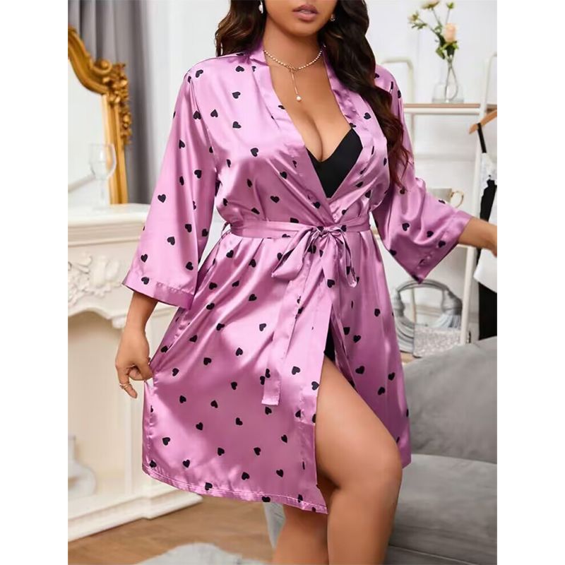 New Arrival Ladies Fashional Large Size Sleepwear Sexy Set Nightwear Small Red Heart Printing  Satin Ice Silk Robe Nightgown Three Pieces Pajamas Nightdress Nighty