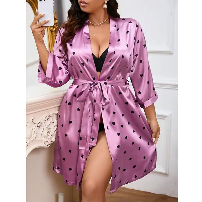 New Arrival Ladies Fashional Large Size Sleepwear Sexy Set Nightwear Small Red Heart Printing  Satin Ice Silk Robe Nightgown Three Pieces Pajamas Nightdress Nighty