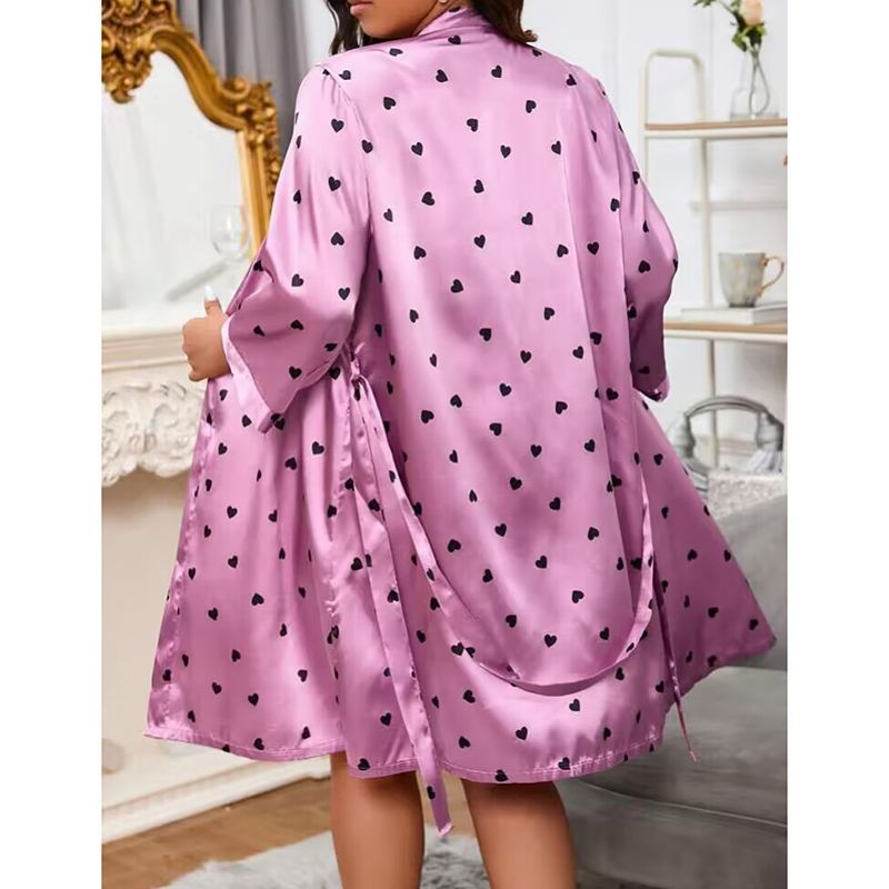 New Arrival Ladies Fashional Large Size Sleepwear Sexy Set Nightwear Small Red Heart Printing  Satin Ice Silk Robe Nightgown Three Pieces Pajamas Nightdress Nighty
