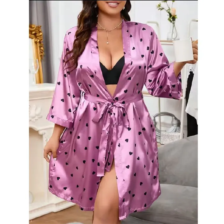 New Arrival Ladies Fashional Large Size Sleepwear Sexy Set Nightwear Small Red Heart Printing  Satin Ice Silk Robe Nightgown Three Pieces Pajamas Nightdress Nighty