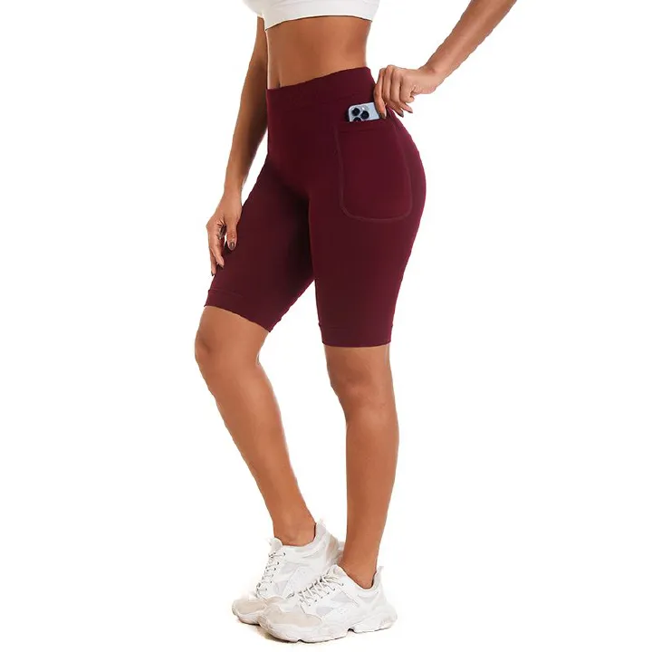 Women's Mobile Phone Pocket Yoga Pants Seamless Knitted Trainer Slimming Tight Ladies Large Size Pure Color High Elasticity Hip Lifting Sports Shorts