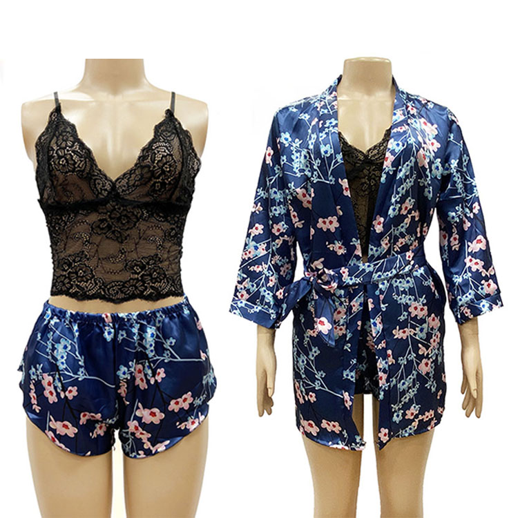 Floral Robe Knicker Lace Top  Three  Pieces Sleepwear Sexy Nightwear Pajamas Sets Loungewear Casual Nightdress Nightgowns Sleeve Long Pajamas Sets