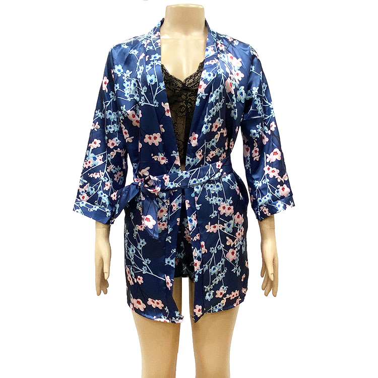 Floral Robe Knicker Lace Top  Three  Pieces Sleepwear Sexy Nightwear Pajamas Sets Loungewear Casual Nightdress Nightgowns Sleeve Long Pajamas Sets