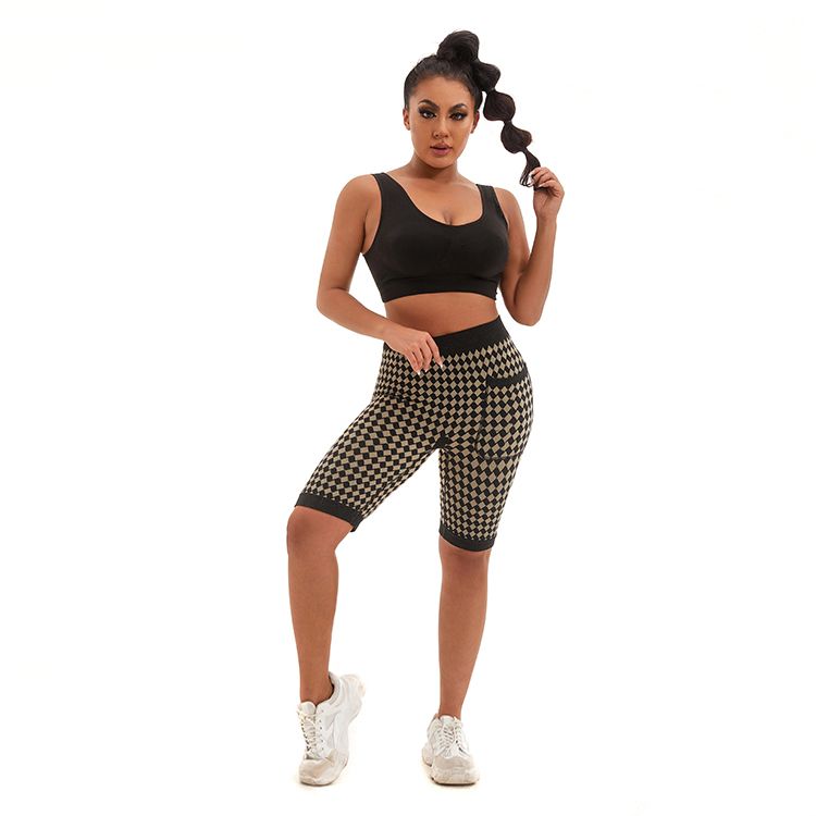 New Arrival Women′s Fashion Style Mobile Phone Pocket Yoga Seamless Shorts Tights Pocket Pants Checkered Sports Gym Fitness Sport Shorts Outdoor Running Pants