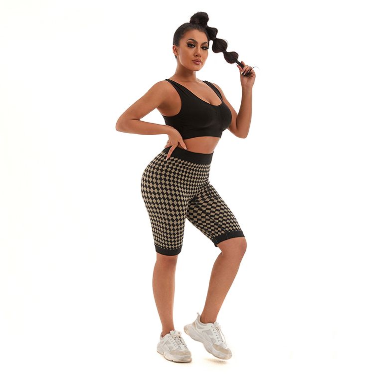 New Arrival Women′s Fashion Style Mobile Phone Pocket Yoga Seamless Shorts Tights Pocket Pants Checkered Sports Gym Fitness Sport Shorts Outdoor Running Pants