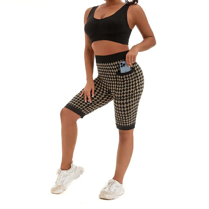New Arrival Women′s Fashion Style Mobile Phone Pocket Yoga Seamless Shorts Tights Pocket Pants Checkered Sports Gym Fitness Sport Shorts Outdoor Running Pants