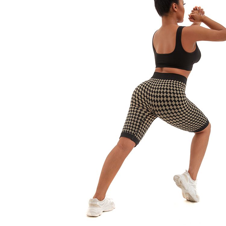 New Arrival Women′s Fashion Style Mobile Phone Pocket Yoga Seamless Shorts Tights Pocket Pants Checkered Sports Gym Fitness Sport Shorts Outdoor Running Pants